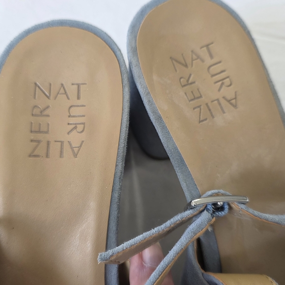 Naturalizer Light Blue Suede Crisscross Slingback Block Heel Sandals - Picture 3 of 5